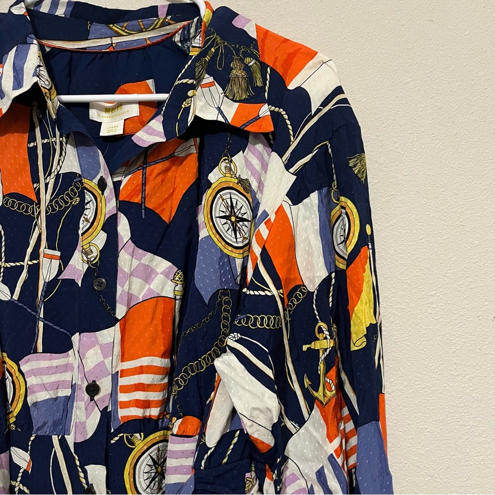 Anthropologie Maeve L Nautical Print Navy Multicolor Colorful  Mini Shirt Dress - Picture 5 of 11
